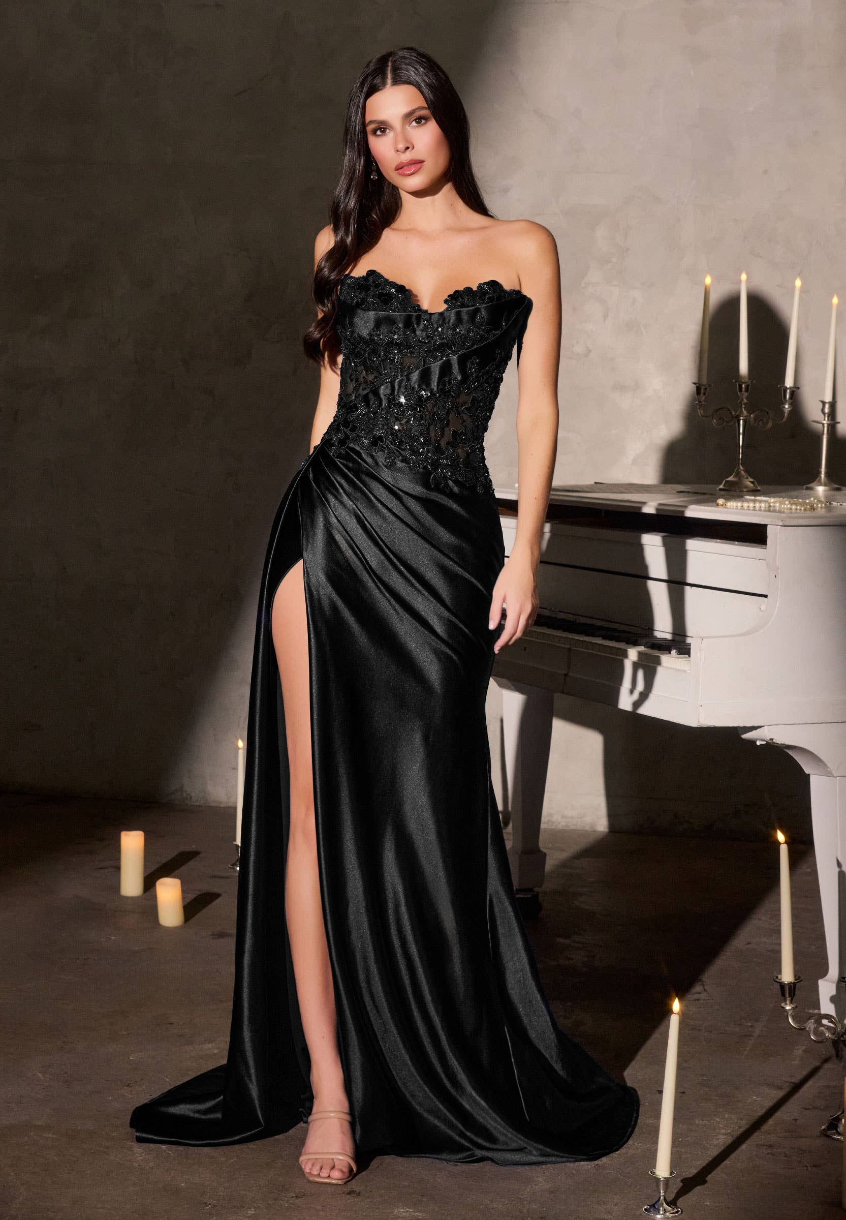 Strapless Satin Fitted Dress with Lace Bodice & Leg Slit