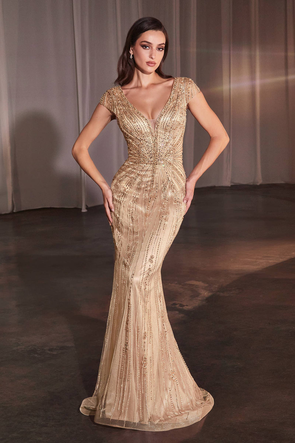 Fully Beaded V-Neck Cap Sleeve Fitted Gown